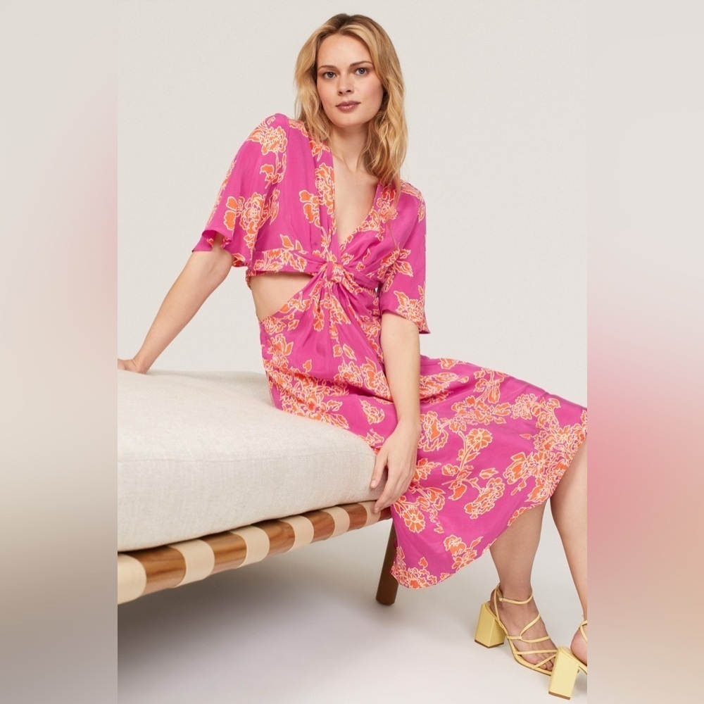 NWT Hatch X Revolve Maternity Pink Orange Floral Cutout Midi Thea Dress Sz 8-10